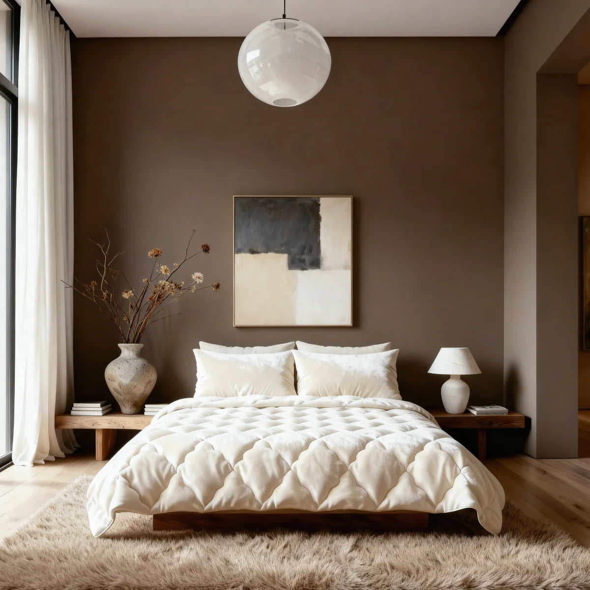 Angled lifestyle bedroom shot with the Zelesta Special Flannel Uni Duvet - Beige on a bed