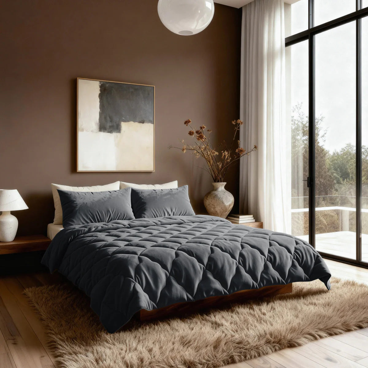 Lifestyle bedroom with the Zelesta Special Flannel Uni Duvet - Black on a made-up bed in a bright room