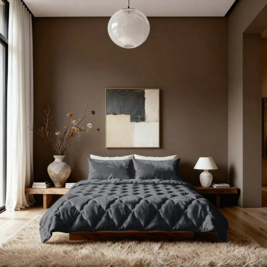 Angled lifestyle bedroom shot with the Zelesta Special Flannel Uni Duvet - Black on a bed