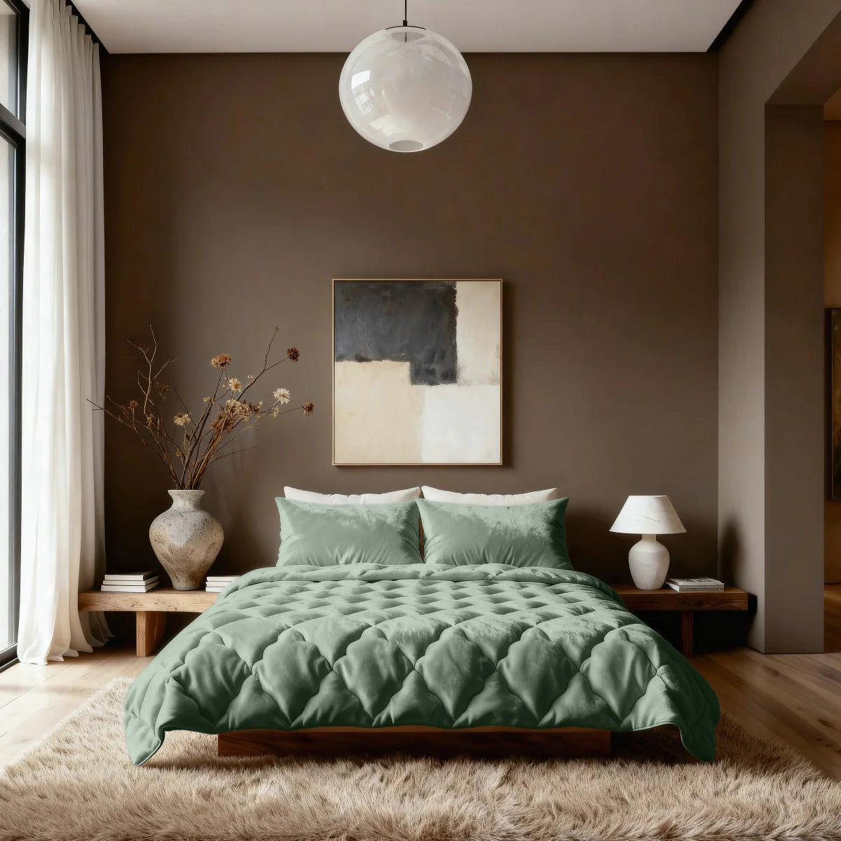 Angled lifestyle bedroom shot with the Zelesta Special Flannel Uni Duvet - Green on a bed