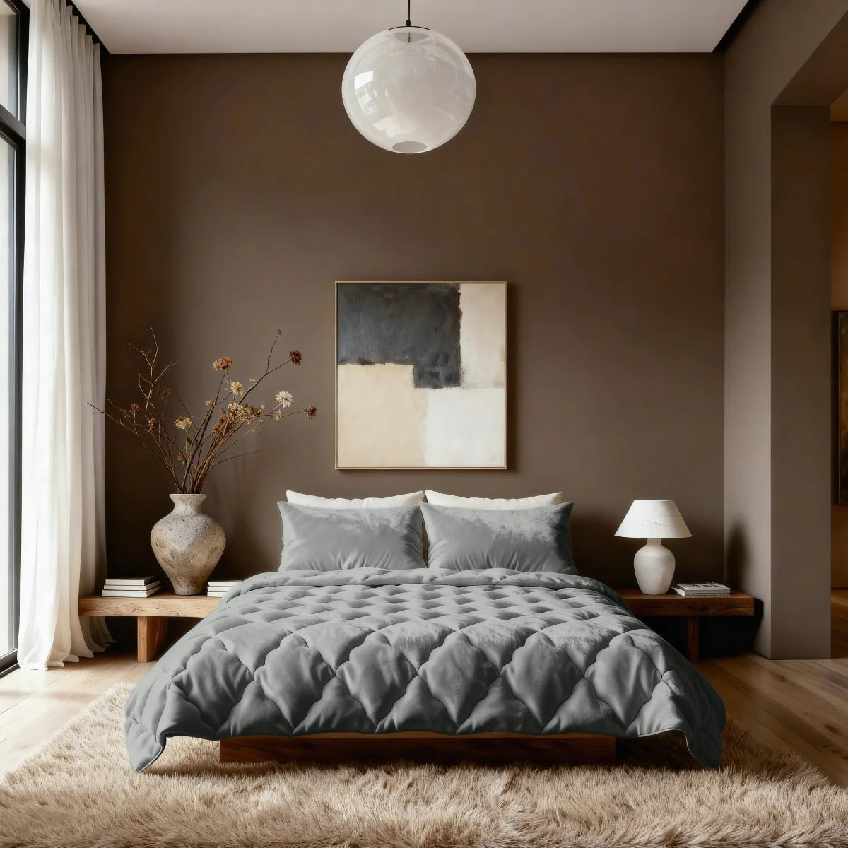 Angled lifestyle bedroom shot with the Zelesta Special Flannel Uni Duvet - Khaki on a bed