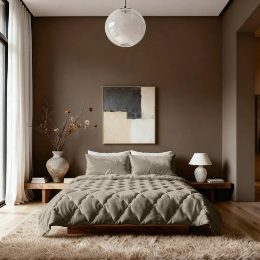 Angled lifestyle bedroom shot with the Zelesta Special Flannel Uni Duvet - Taupe on a bed