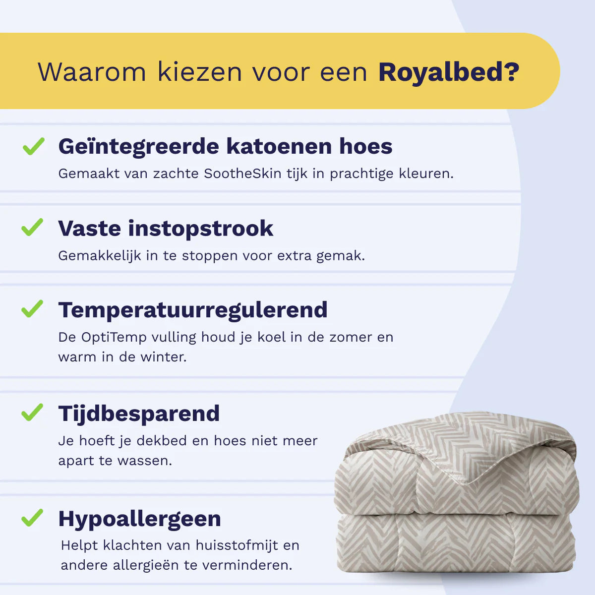 Infographic listing five key benefits of the Zelesta Pure Design Cotton Duvet: integrated cotton cover, tuck-in flap, temperature regulation, time-saving, and hypoallergenic