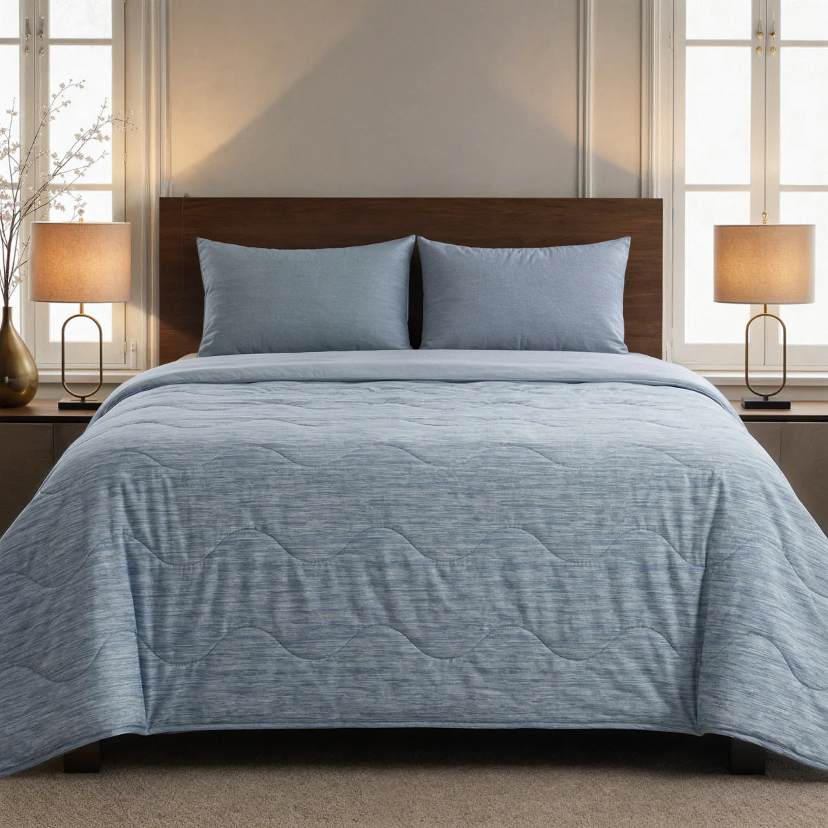 Lifestyle bedroom with the Zelesta Special Cooling Blend Summer Duvet - Serene Blue and matching pillowcases on a bed