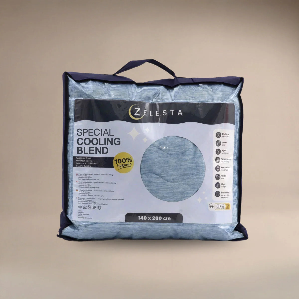 Zelesta Special Cooling Blend Summer Duvet - Serene Blue in its Zelesta retail packaging bag
