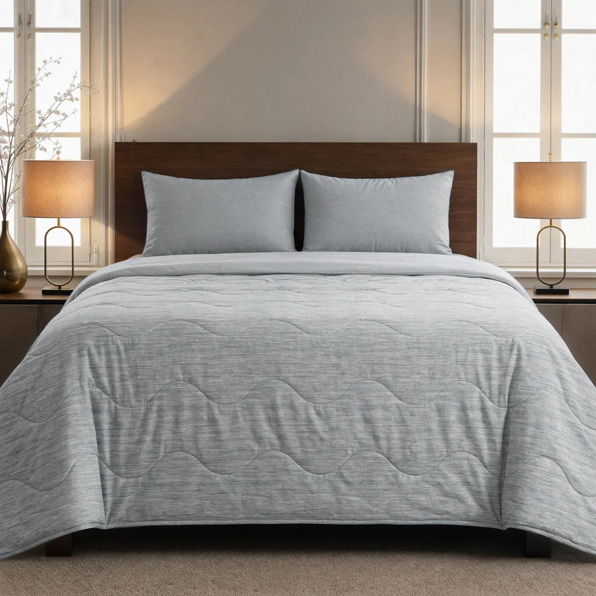 Lifestyle bedroom with the Zelesta Special Cooling Blend Summer Duvet - Warm Grey Linen and matching pillowcases on a bed