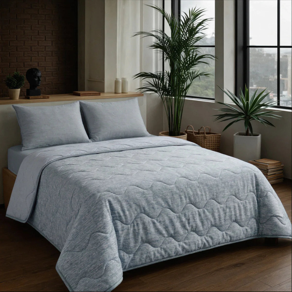Angled lifestyle bedroom shot with the Zelesta Special Cooling Blend Summer Duvet - Warm Grey Linen