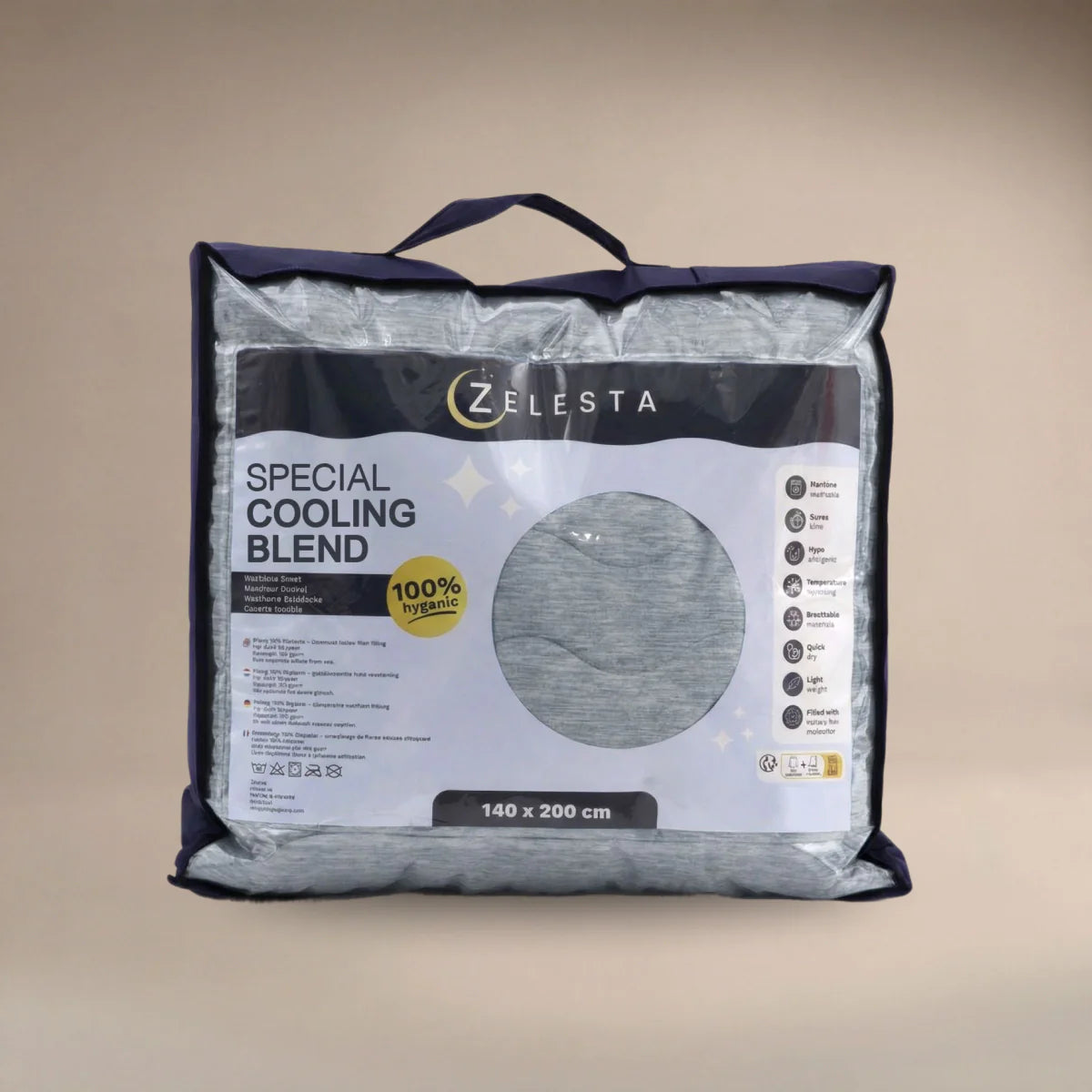 Zelesta Special Cooling Blend Summer Duvet - Warm Grey Linen in its Zelesta retail packaging bag