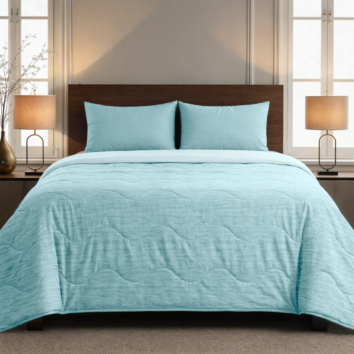 Lifestyle bedroom with the Zelesta Special Cooling Blend Summer Duvet - Fresh Mint Green and matching pillowcases on a bed