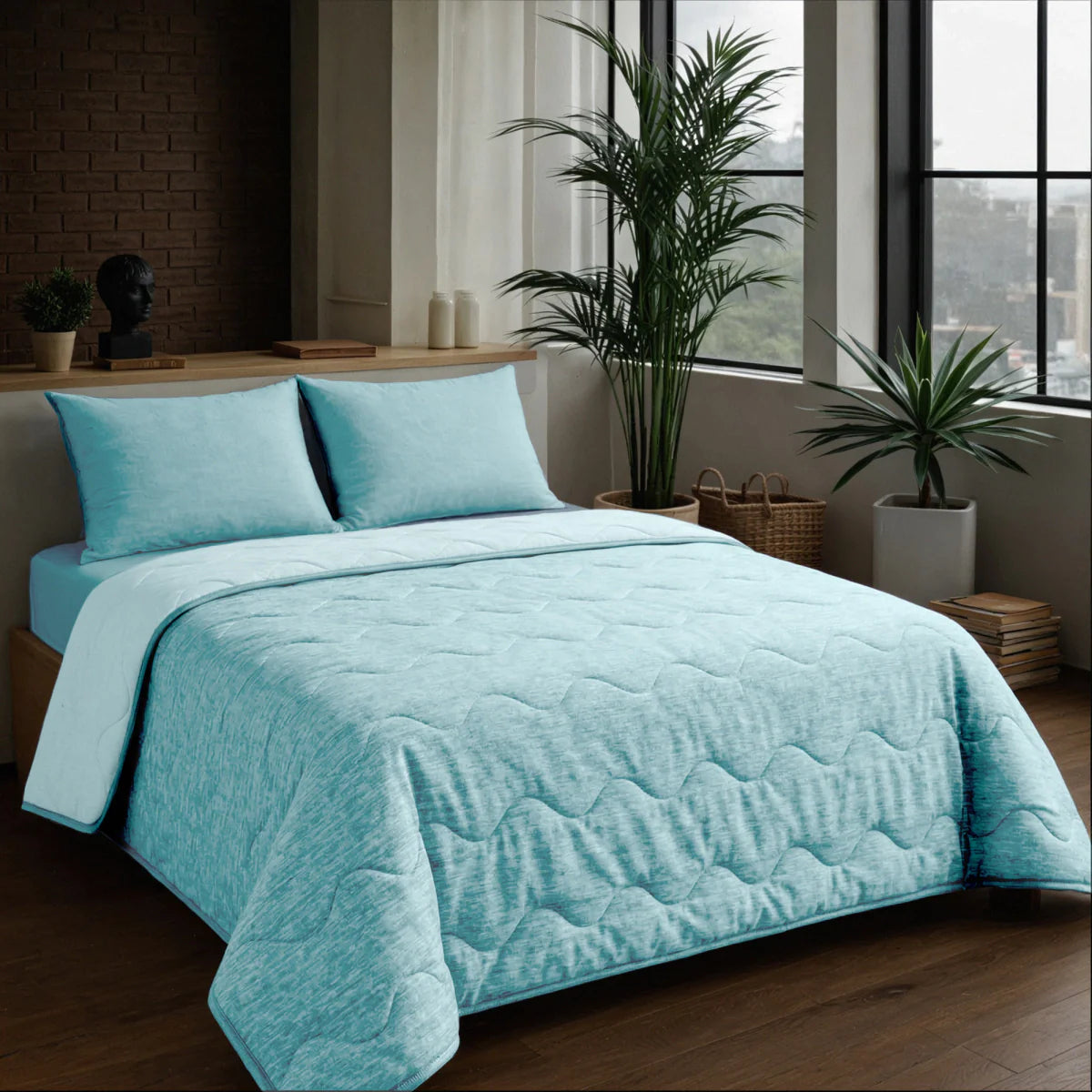 Angled lifestyle bedroom shot with the Zelesta Special Cooling Blend Summer Duvet - Fresh Mint Green