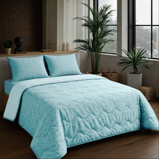 Angled lifestyle bedroom shot with the Zelesta Special Cooling Blend Summer Duvet - Fresh Mint Green