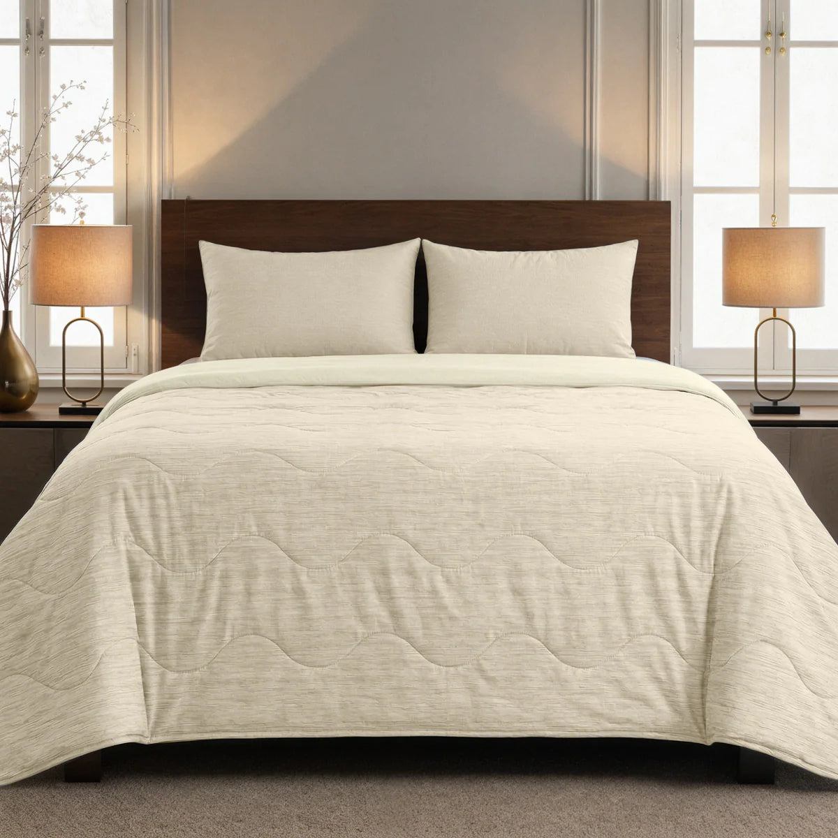 Lifestyle bedroom with the Zelesta Special Cooling Blend Summer Duvet - Ivory Sand and matching pillowcases on a bed