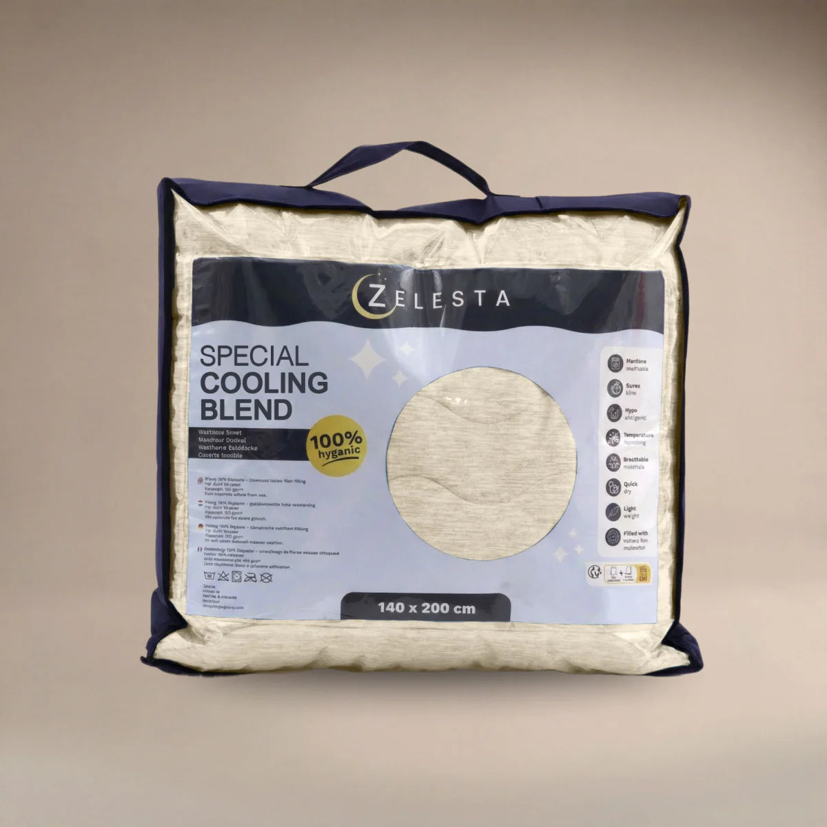 Zelesta Special Cooling Blend Summer Duvet - Ivory Sand in its Zelesta retail packaging bag