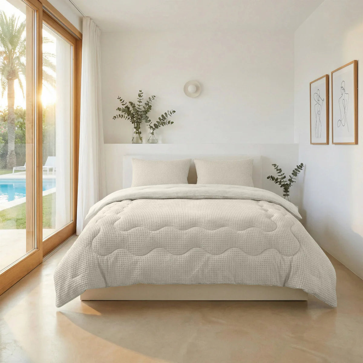 Lifestyle bedroom with the Zelesta Special Cooling Serene Summer Duvet - Cream White and matching pillowcases on a bed