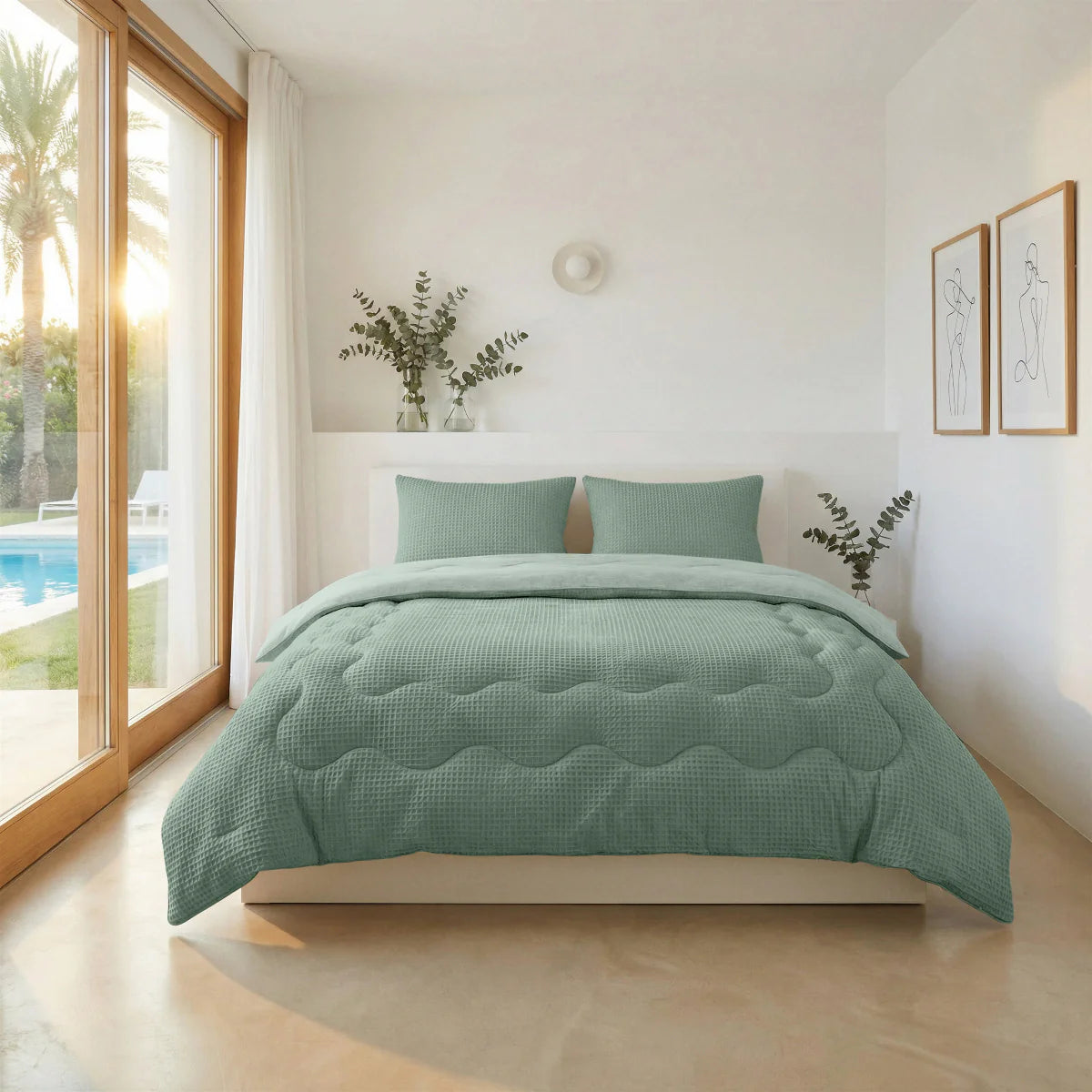 Lifestyle bedroom with the Zelesta Special Cooling Serene Summer Duvet - Sage Green and matching pillowcases on a bed