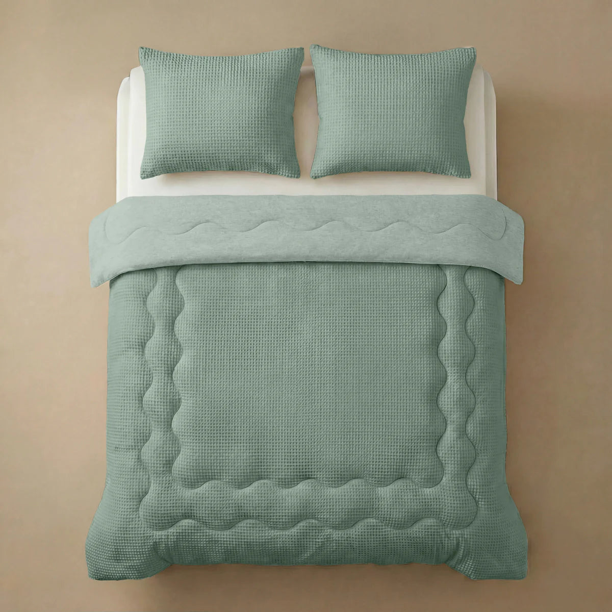 Close-up lifestyle view of the Zelesta Special Cooling Serene Summer Duvet - Sage Green on a styled bed