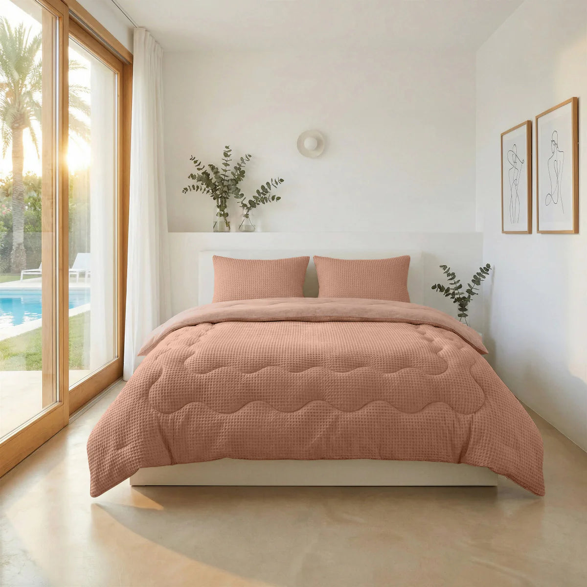 Lifestyle bedroom with the Zelesta Special Cooling Serene Summer Duvet - Terracotta Pink and matching pillowcases on a bed