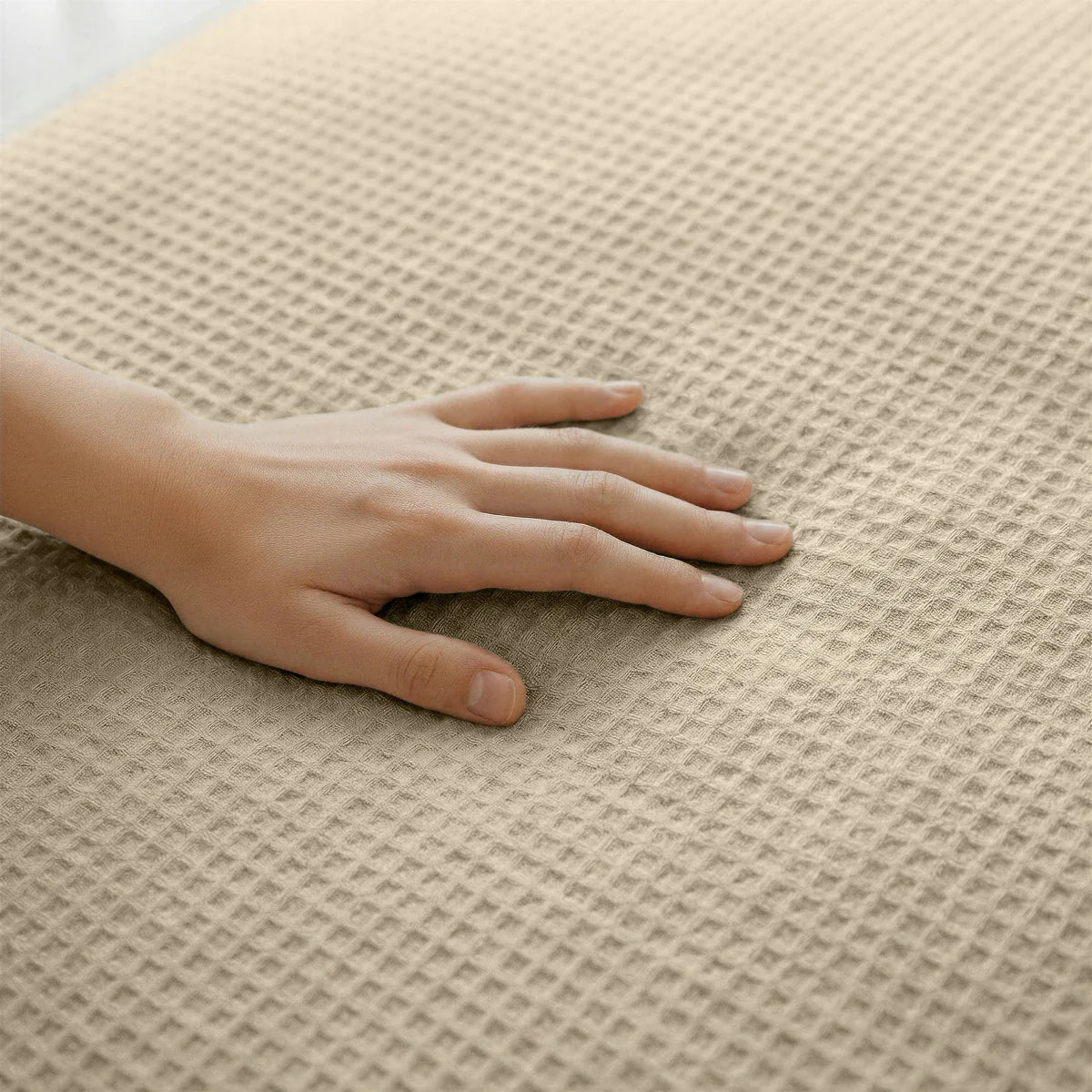 Close-up of the cooling fabric texture of the Zelesta Special Cooling Serene Summer Duvet in Sand