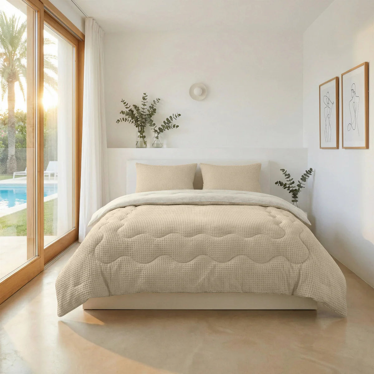 Lifestyle bedroom with the Zelesta Special Cooling Serene Summer Duvet - Sand and matching pillowcases on a bed