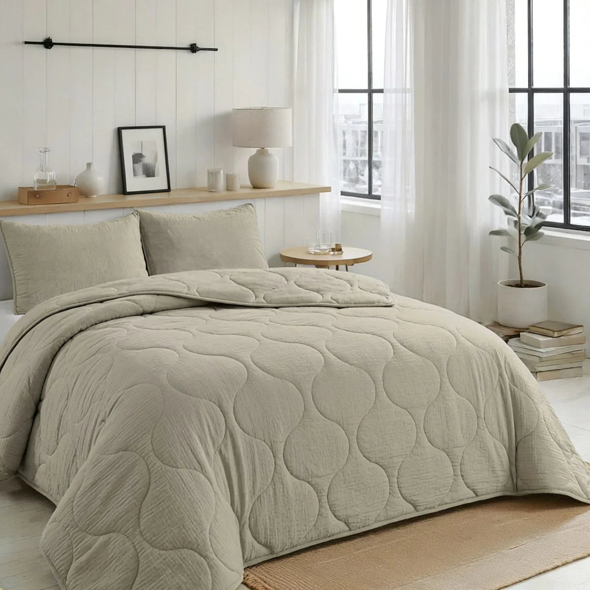 Lifestyle bedroom with the Zelesta Special Seersucker Summer Duvet - Almond Milk Beige on a styled bed
