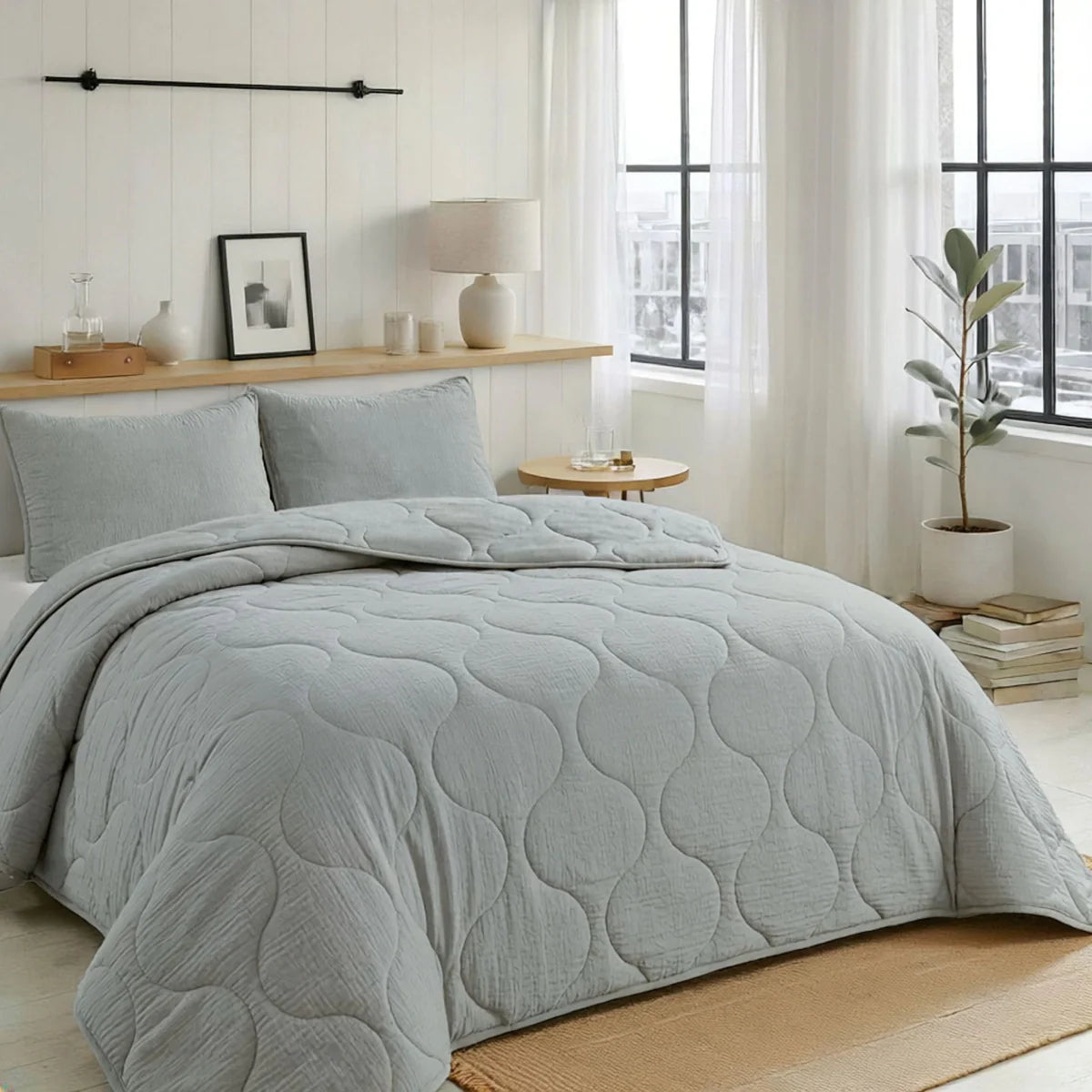 Lifestyle bedroom with the Zelesta Special Seersucker Summer Duvet - Soft Ice Blue on a styled bed