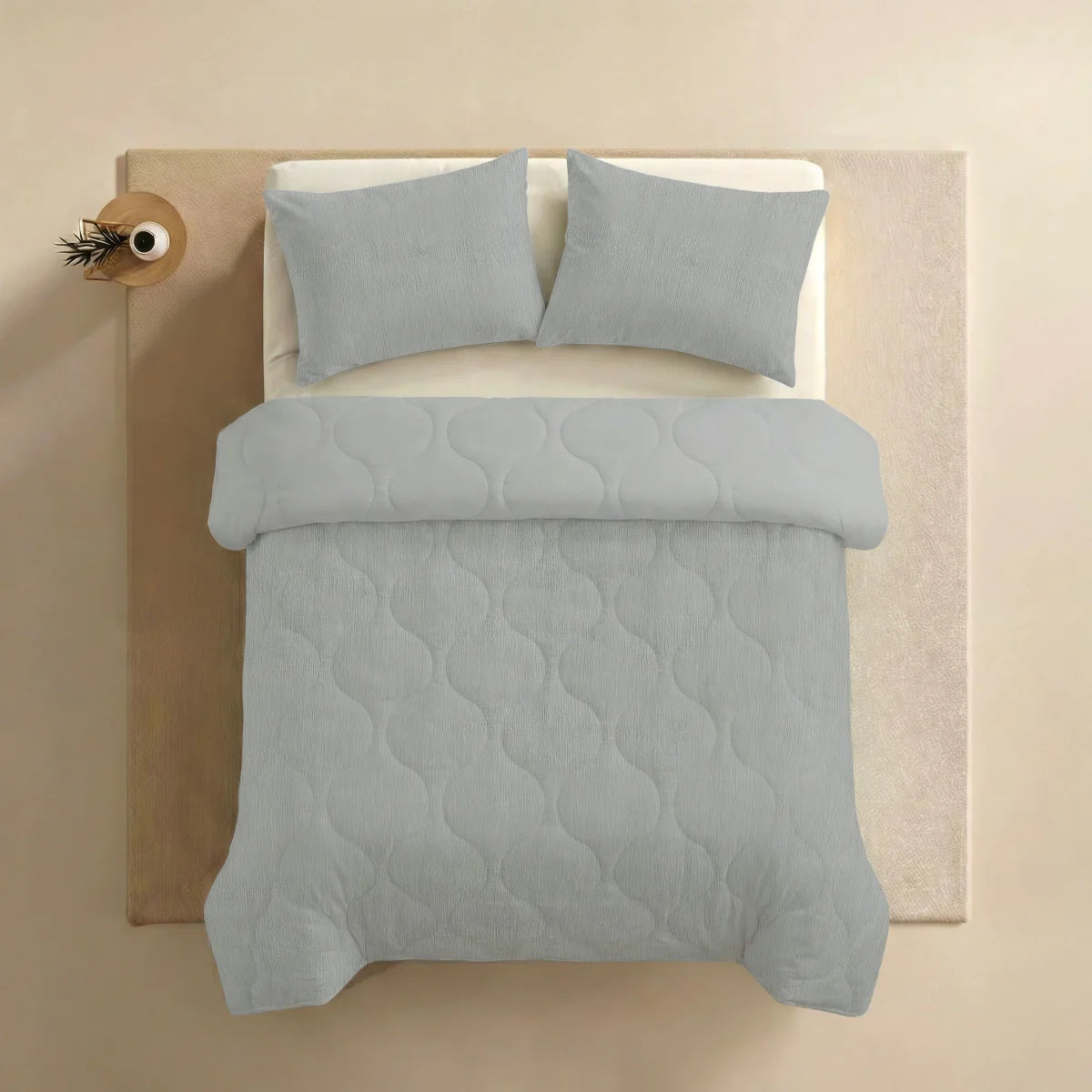 Angled lifestyle bedroom shot with the Zelesta Special Seersucker Summer Duvet - Soft Ice Blue