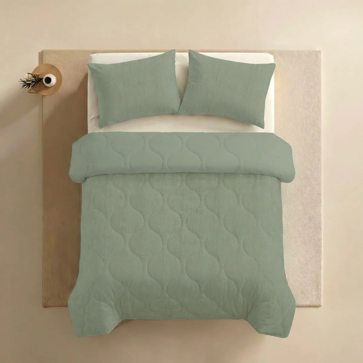 Angled lifestyle bedroom shot with the Zelesta Special Seersucker Summer Duvet - Sage Green