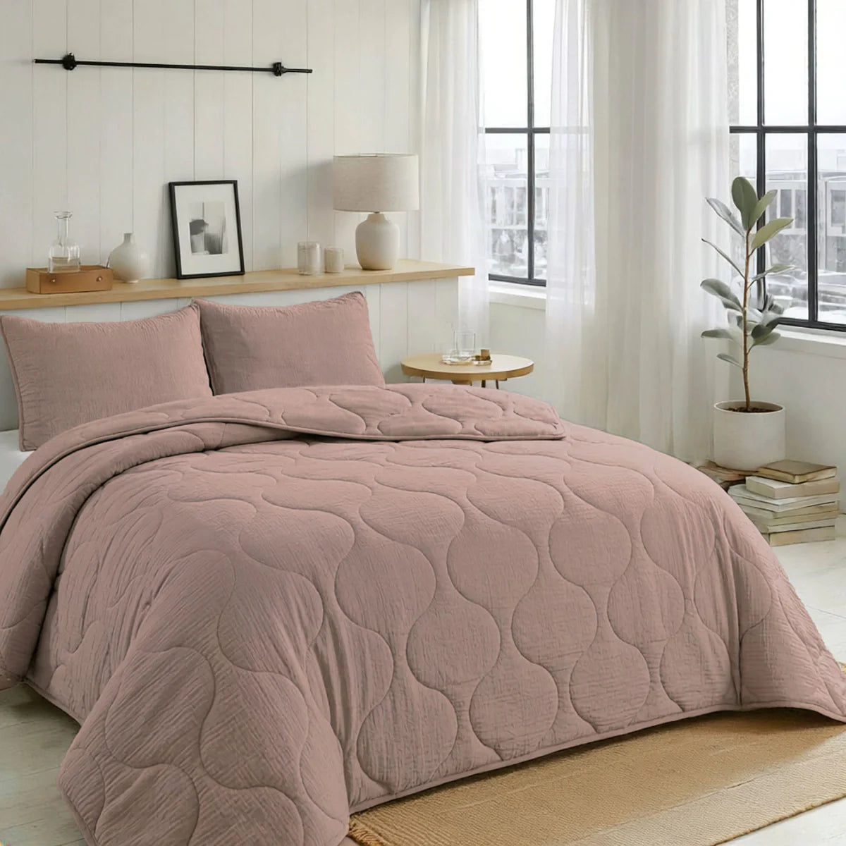 Lifestyle bedroom with the Zelesta Special Seersucker Summer Duvet - Powder Pink on a styled bed