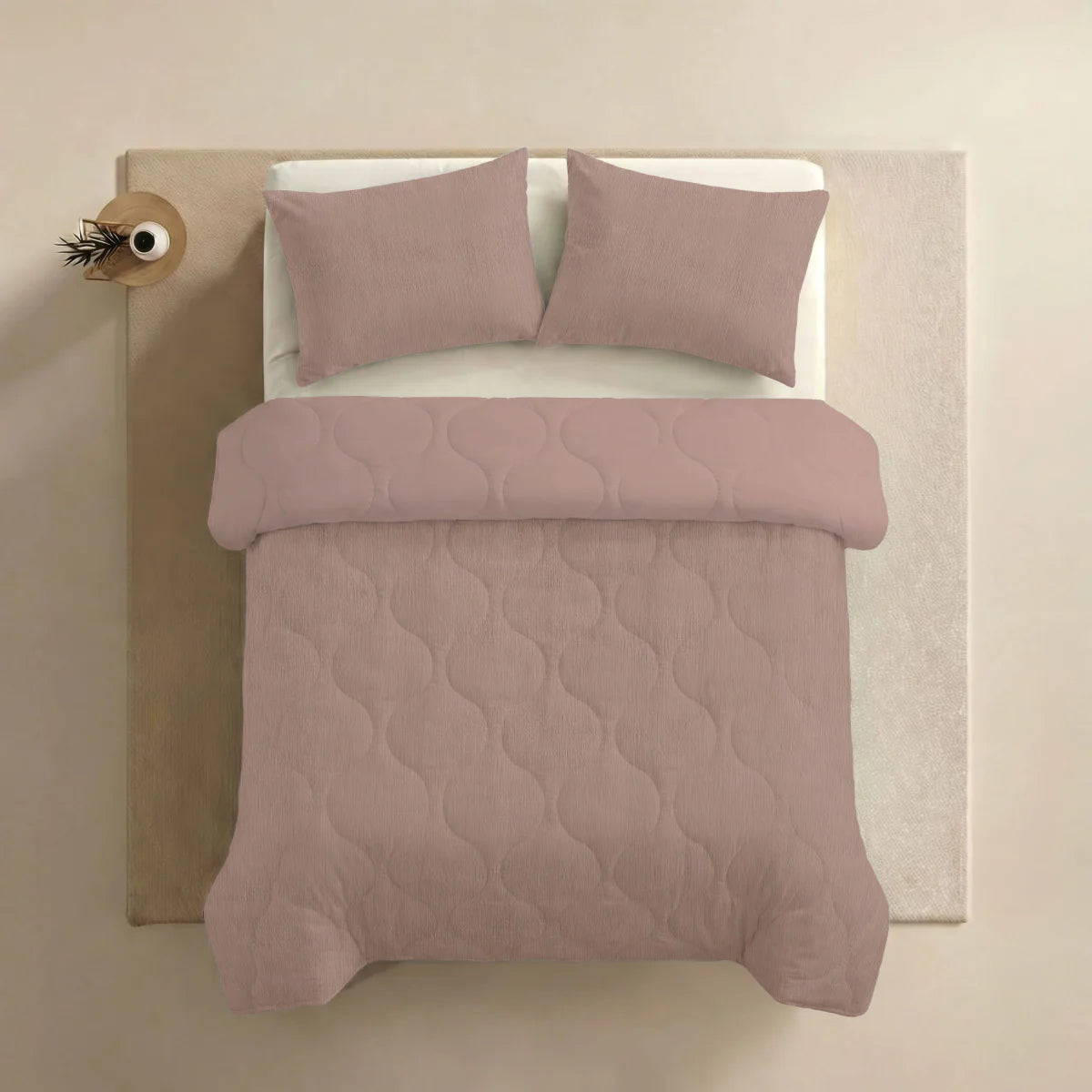 Angled lifestyle bedroom shot with the Zelesta Special Seersucker Summer Duvet - Powder Pink