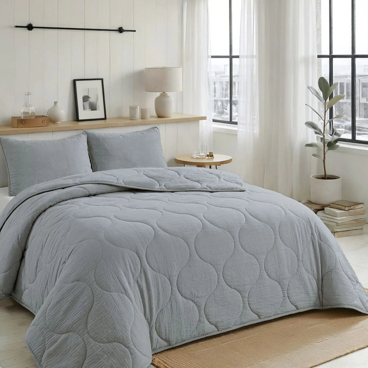 Lifestyle bedroom with the Zelesta Special Seersucker Summer Duvet - Pearly Blue on a styled bed