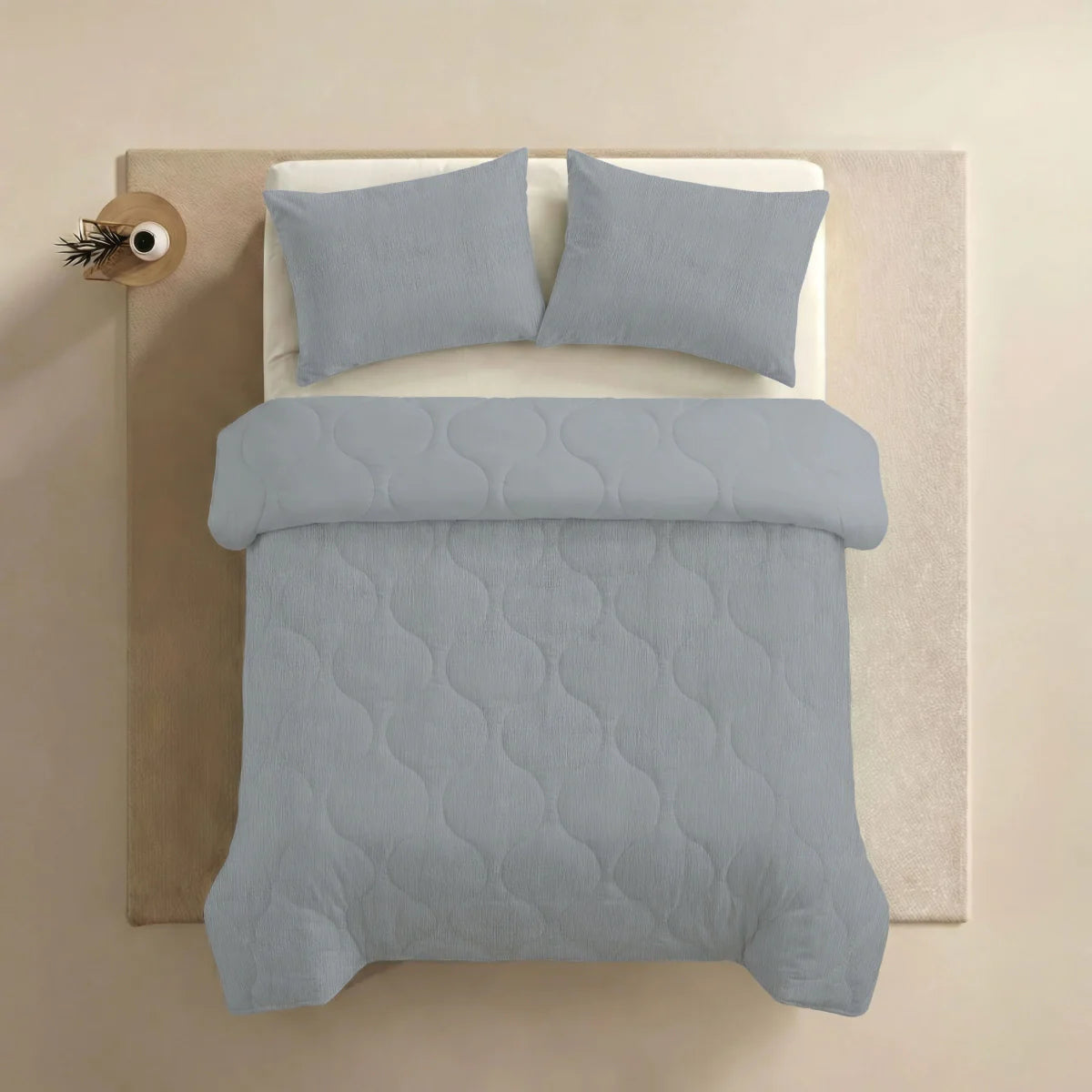 Angled lifestyle bedroom shot with the Zelesta Special Seersucker Summer Duvet - Pearly Blue
