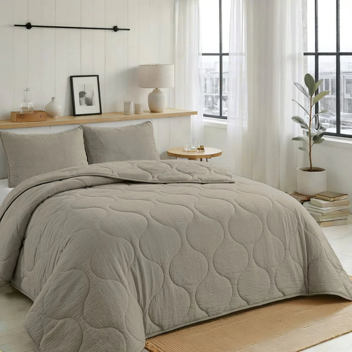 Lifestyle bedroom with the Zelesta Special Seersucker Summer Duvet - Warm Grey on a styled bed