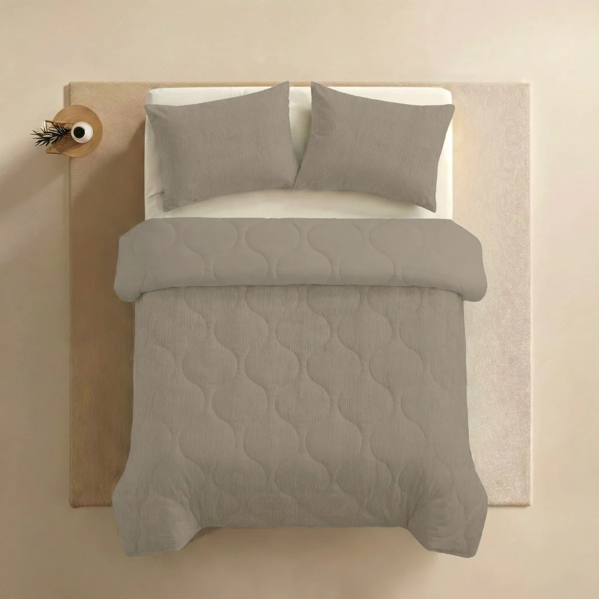Angled lifestyle bedroom shot with the Zelesta Special Seersucker Summer Duvet - Warm Grey