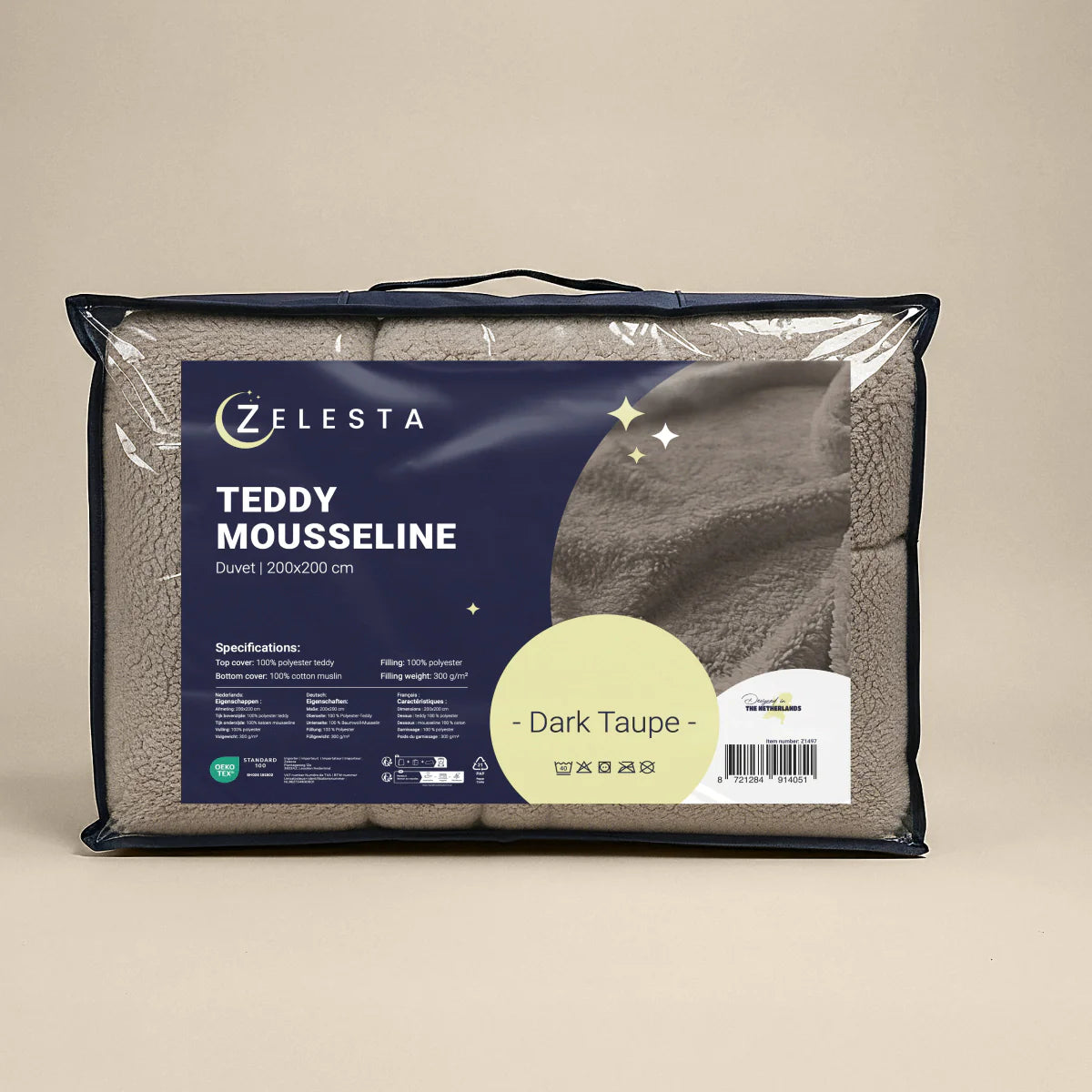 Zelesta Special Teddy Cotton Muslin Duvet - Taupe in its Zelesta retail packaging bag