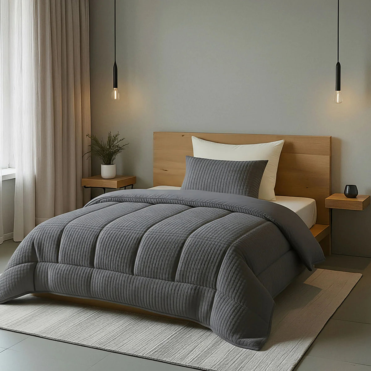 Lifestyle bedroom with the Zelesta Special Teddy Check Duvet - Anthracite on a styled bed in a warm, cosy room