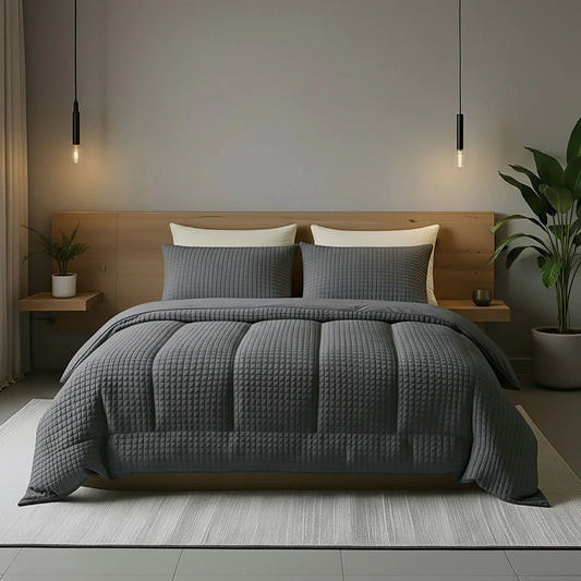 Angled lifestyle bedroom shot with the Zelesta Special Teddy Check Duvet - Anthracite
