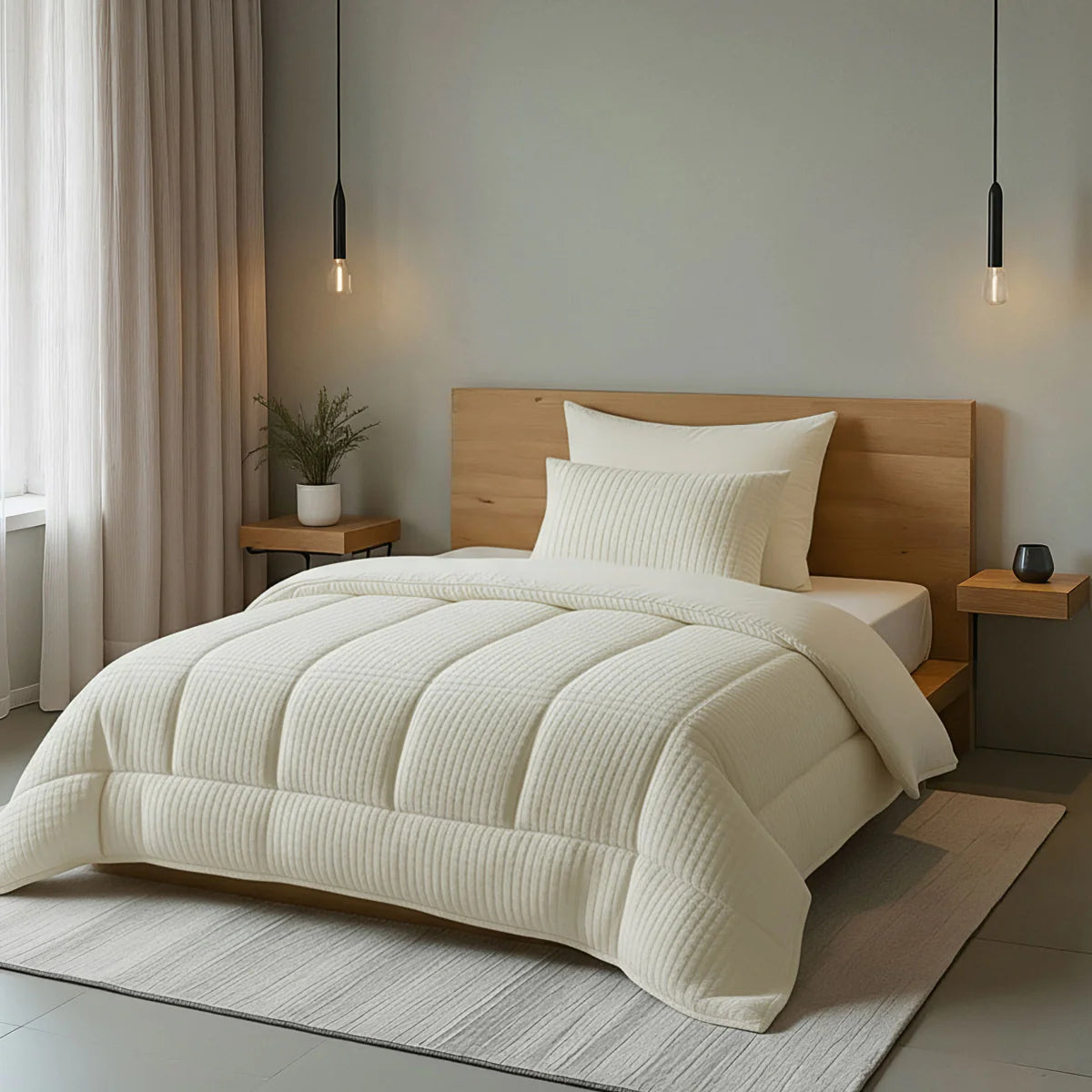 Lifestyle bedroom with the Zelesta Special Teddy Check Duvet - Cream on a styled bed in a warm, cosy room