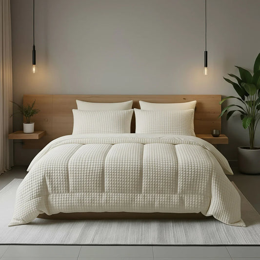 Angled lifestyle bedroom shot with the Zelesta Special Teddy Check Duvet - Cream