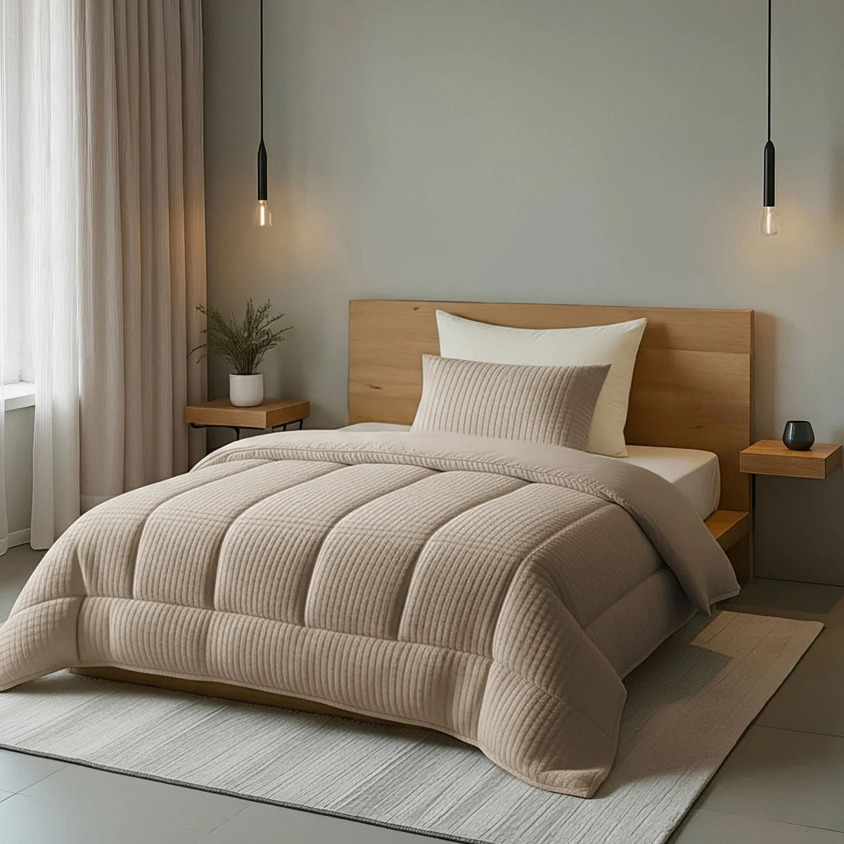 Lifestyle bedroom with the Zelesta Special Teddy Check Duvet - Taupe on a styled bed in a warm, cosy room