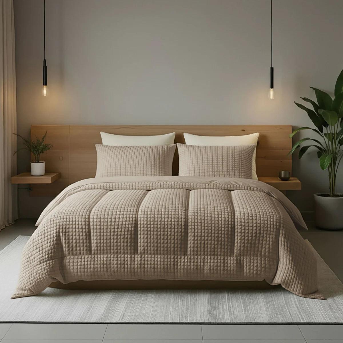 Angled lifestyle bedroom shot with the Zelesta Special Teddy Check Duvet - Taupe