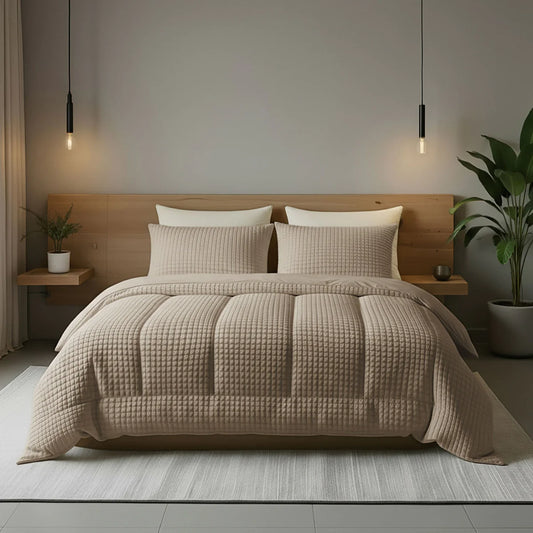Angled lifestyle bedroom shot with the Zelesta Special Teddy Check Duvet - Taupe