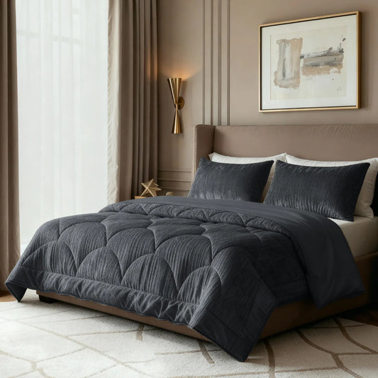 Lifestyle bedroom with the Zelesta Special Velvet Chic Duvet - Anthracite on a styled bed
