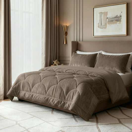 Lifestyle bedroom with the Zelesta Special Velvet Chic Duvet - Taupe on a styled bed