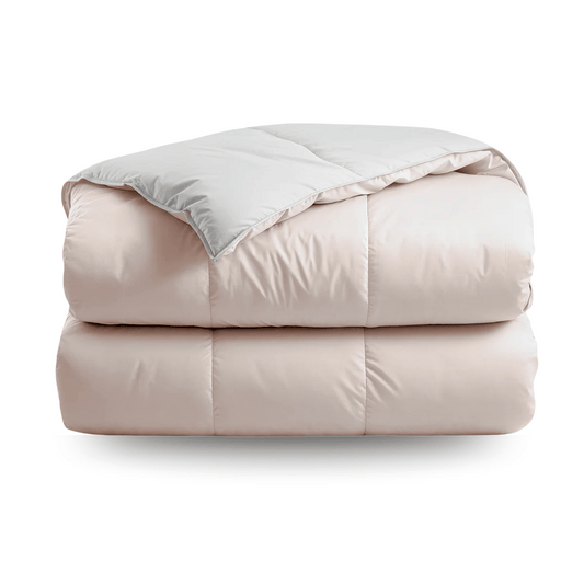 Zelesta Deluxe Duo Percale Cotton Duvet - Silk & Cream shown on a bed without overlay, displaying both colorway sides
