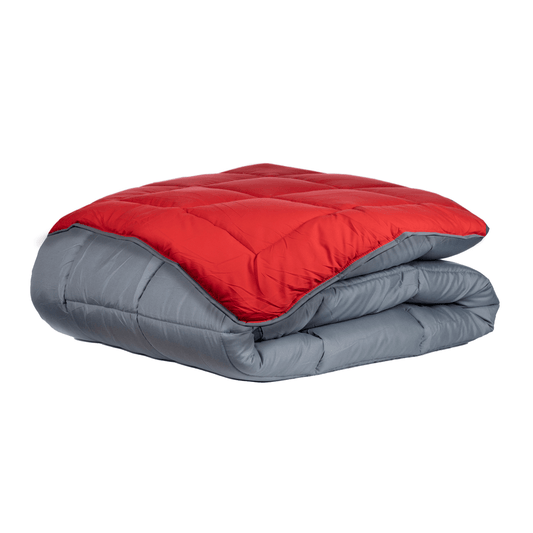 Zelesta Everyday Uni Duvet in Anthracite & Red, neatly folded on a white background showing the soft anthracite & red microfiber fabric